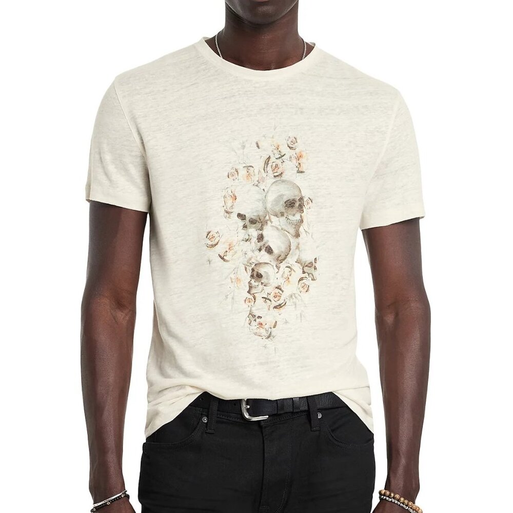John Varvatos Men's Floral Skulls Linen Spray Graphic SS Crew T-Shirt Salt 2XL